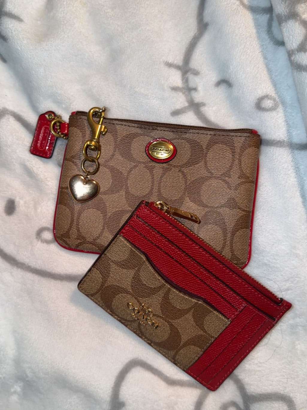 Coach Brown Signature Canvas Wristlet And Card Case With Red Trim